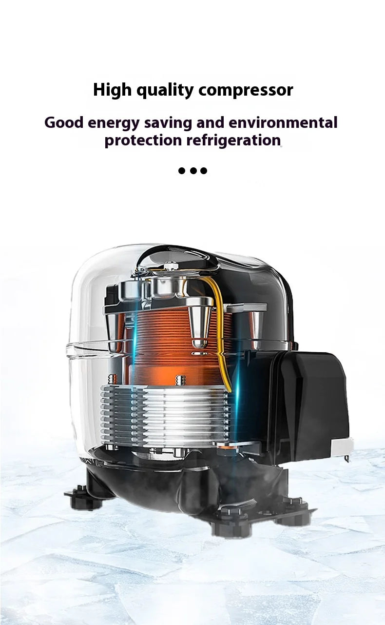 A cutaway view of a high-quality, energy-efficient black compressor with visible internal copper wiring and metal coils.
