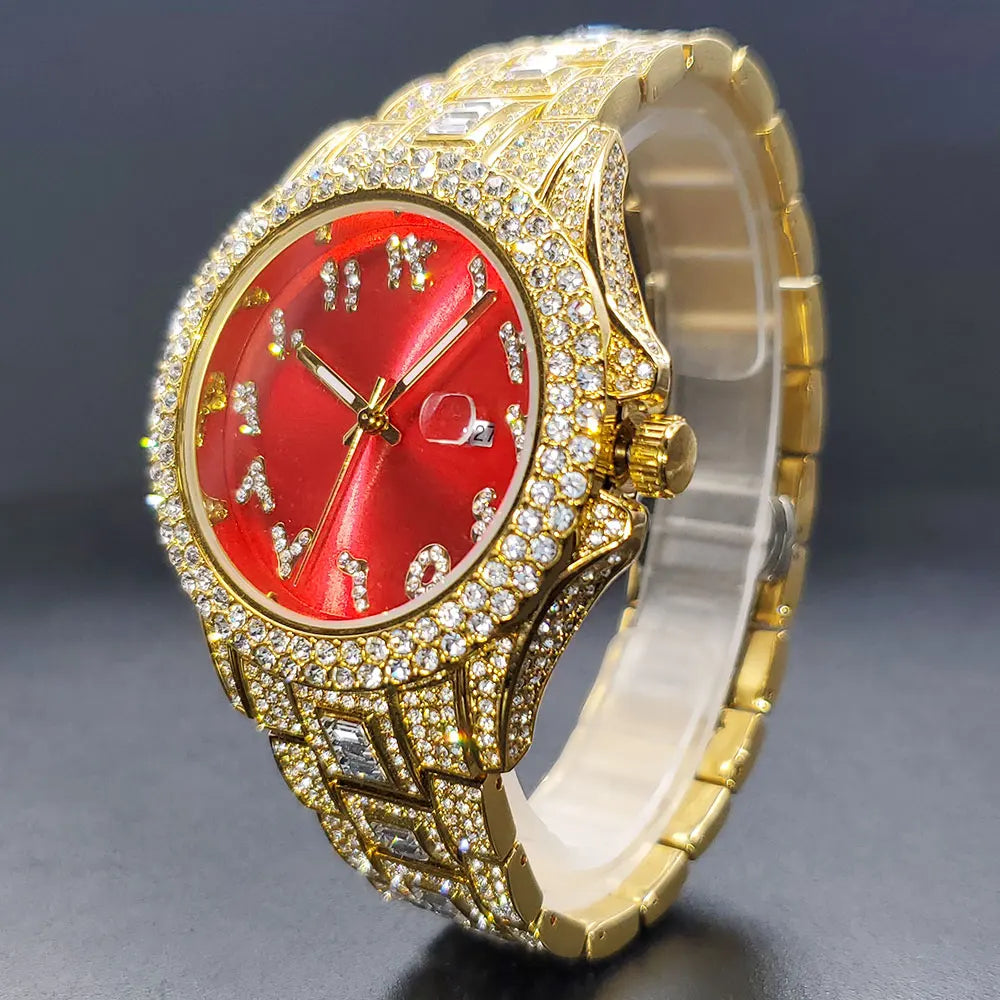 Gold-tone watch with a vibrant red dial, crystal-encrusted bezel and bracelet, and decorative numeral indices.