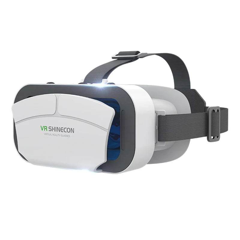 White and grey smartphone VR headset with adjustable black head straps and a front cover.