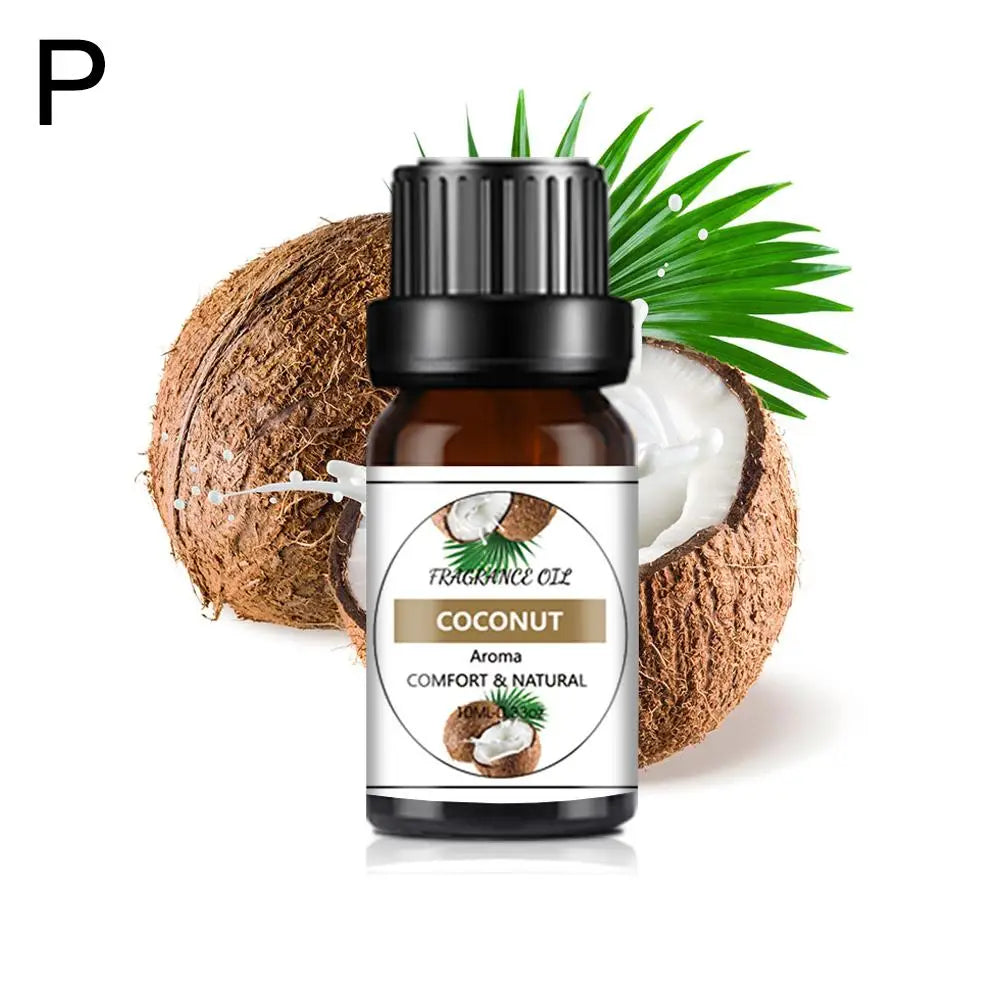 Amber glass bottle of coconut fragrance oil with a black cap, featuring a coconut and palm leaf design.