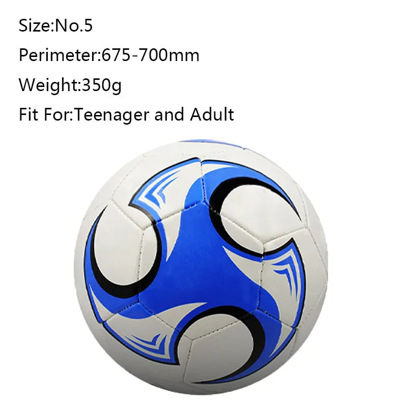 Size 5 football in white with blue and black swirling graphic patterns, suitable for teenagers and adults.