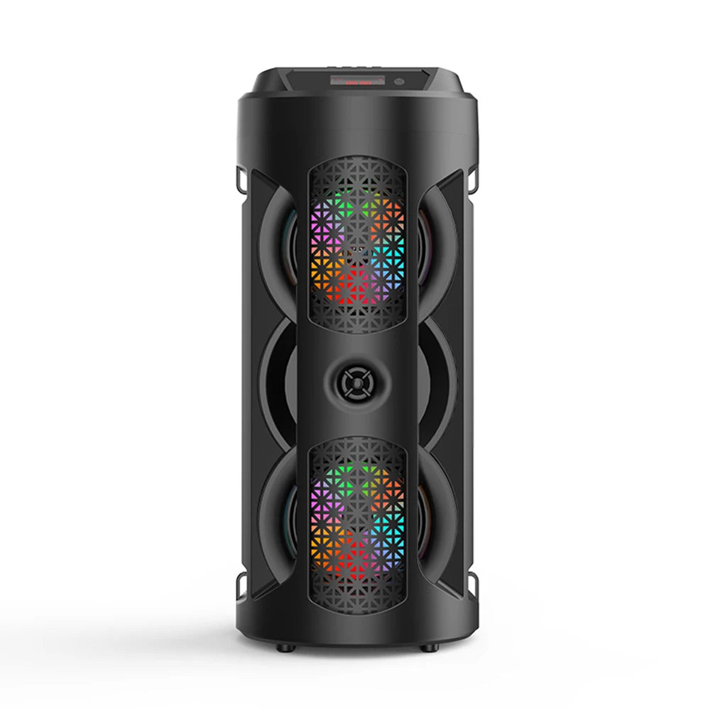 Black portable wireless speaker with a cylindrical design and illuminated, patterned circular speaker grilles.