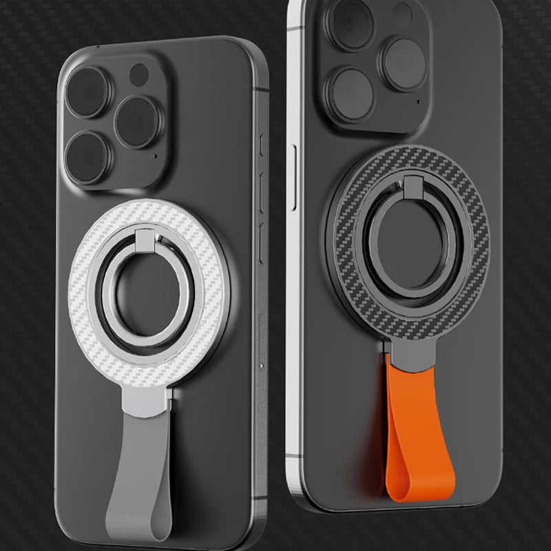 Two phones with magnetic circular finger ring holders, featuring carbon fiber textures and grey or orange straps.