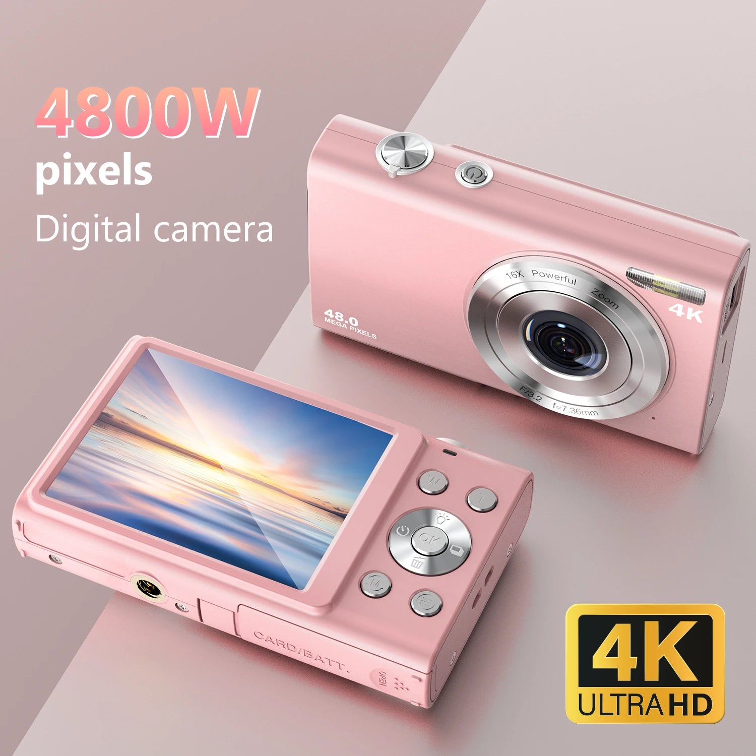 Compact pink plastic 4K digital camera with 48MP sensor and 16x zoom lens, shown from front and rear angles.