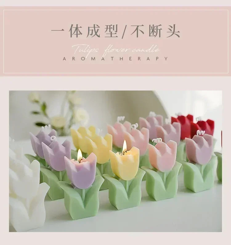 A collection of colourful, tulip-shaped aromatherapy candles in pastel shades, each with a green leaf-shaped base.