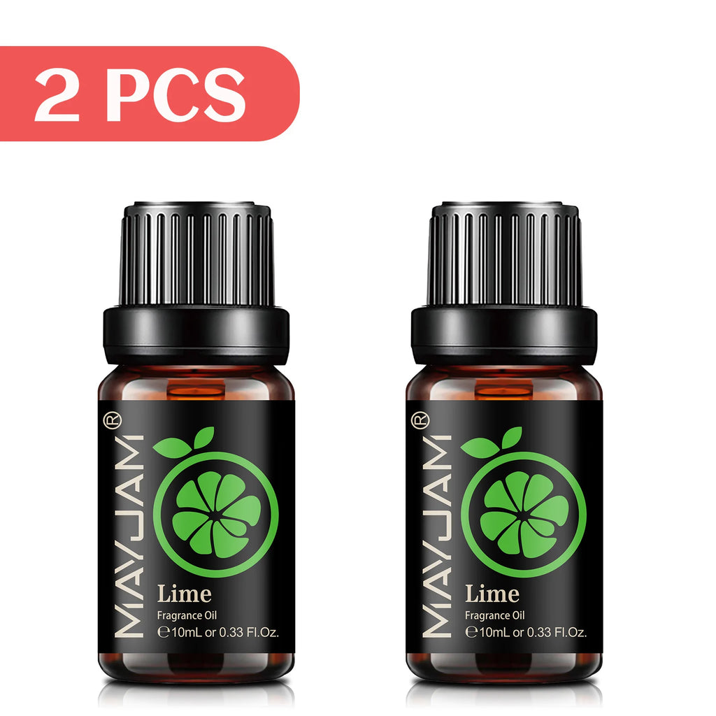 Two 10ml amber glass bottles of lime-scented fragrance oil with black dropper caps and green lime labels.