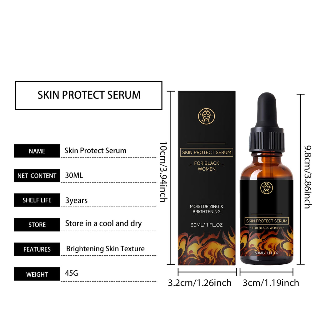 30ml moisturizing skin brightening serum in an amber dropper bottle with black and gold flame-patterned packaging.