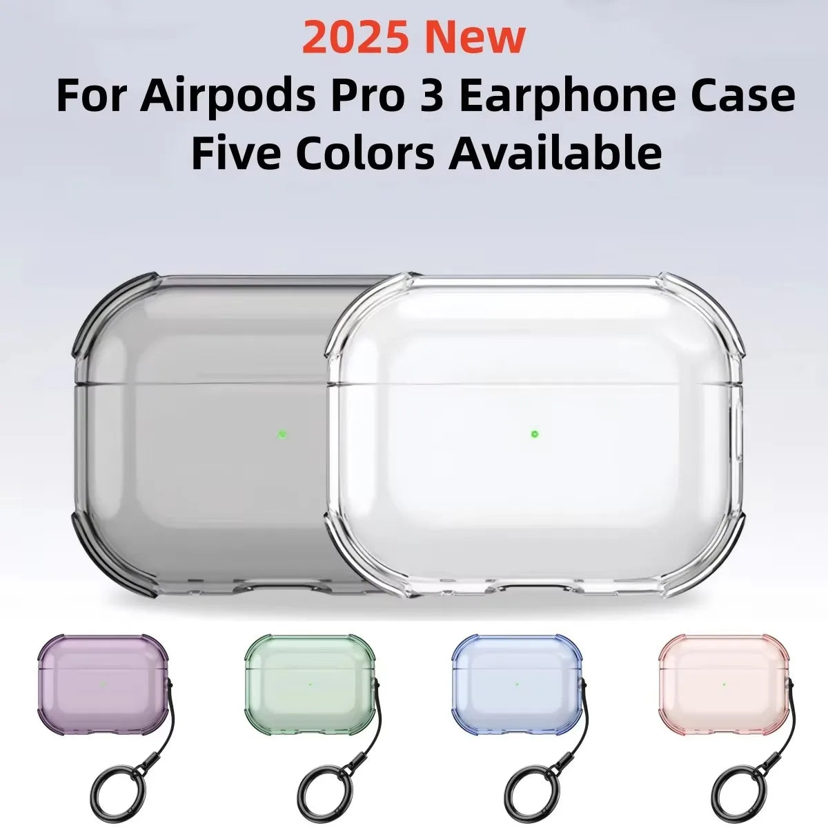 Clear protective cases for AirPods Pro in five colours, featuring reinforced corners and a handy wrist strap.
