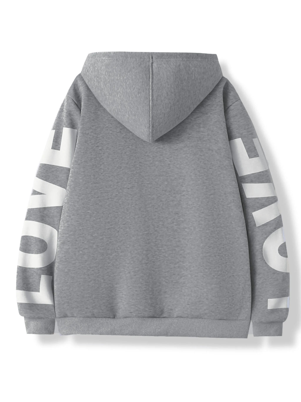 Grey hooded sweatshirt with white "LOVE" lettering printed down both sleeves, featuring a casual, oversized fit.