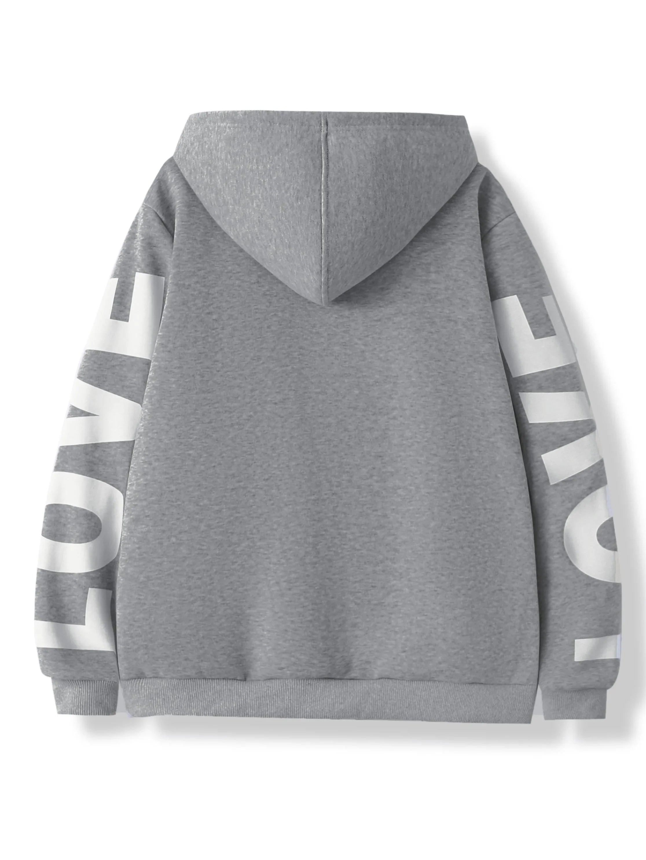 Grey hooded sweatshirt with white "LOVE" lettering printed down both sleeves, featuring a casual, oversized fit.