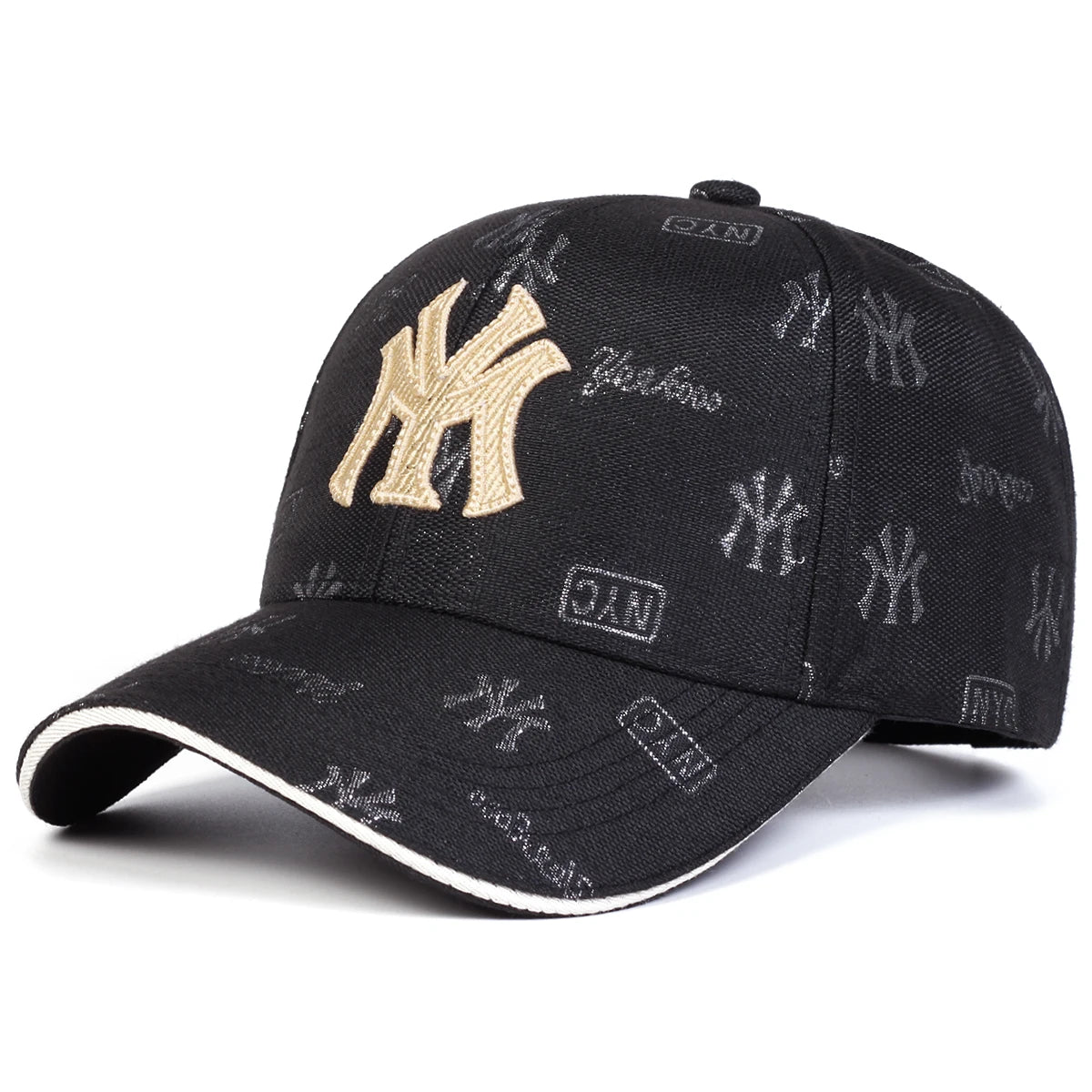 Black unisex baseball cap with gold 'MY' embroidery, repeating patterns, and a white-trimmed curved peak.