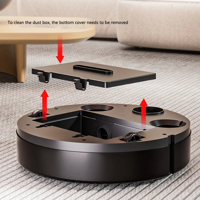 Removing the bottom cover of a black robot vacuum's dust box, with red arrows indicating direction.