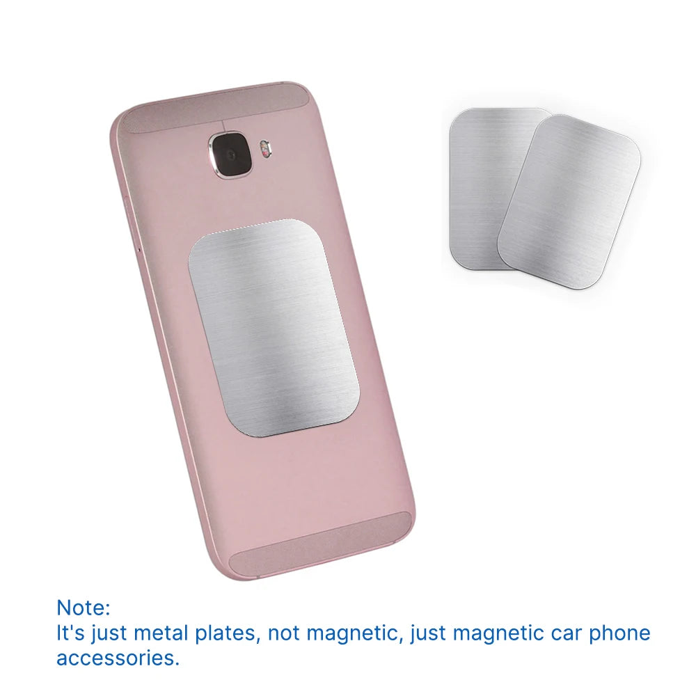 Rectangular silver metal plates attached to a pink smartphone for use with magnetic car mounts.