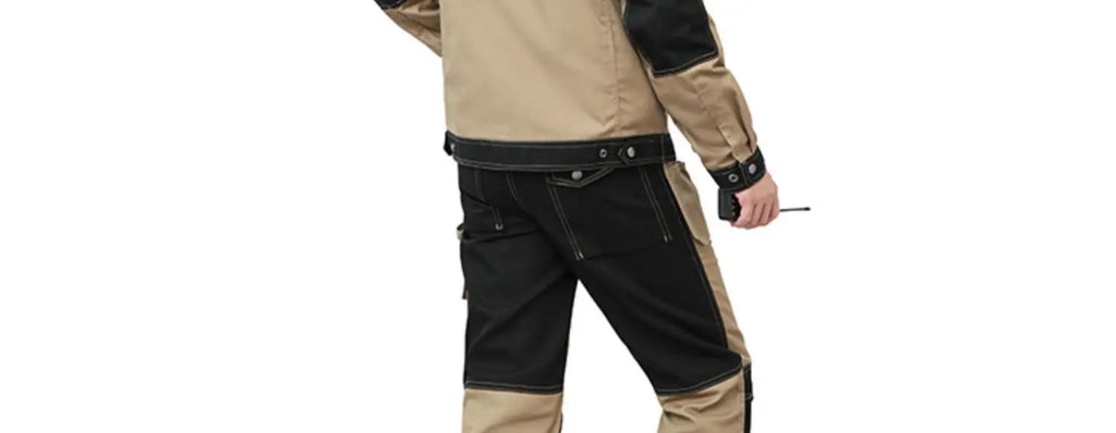 Men’s beige and black cotton cargo work trousers with durable reinforced panels and multiple utility pockets.