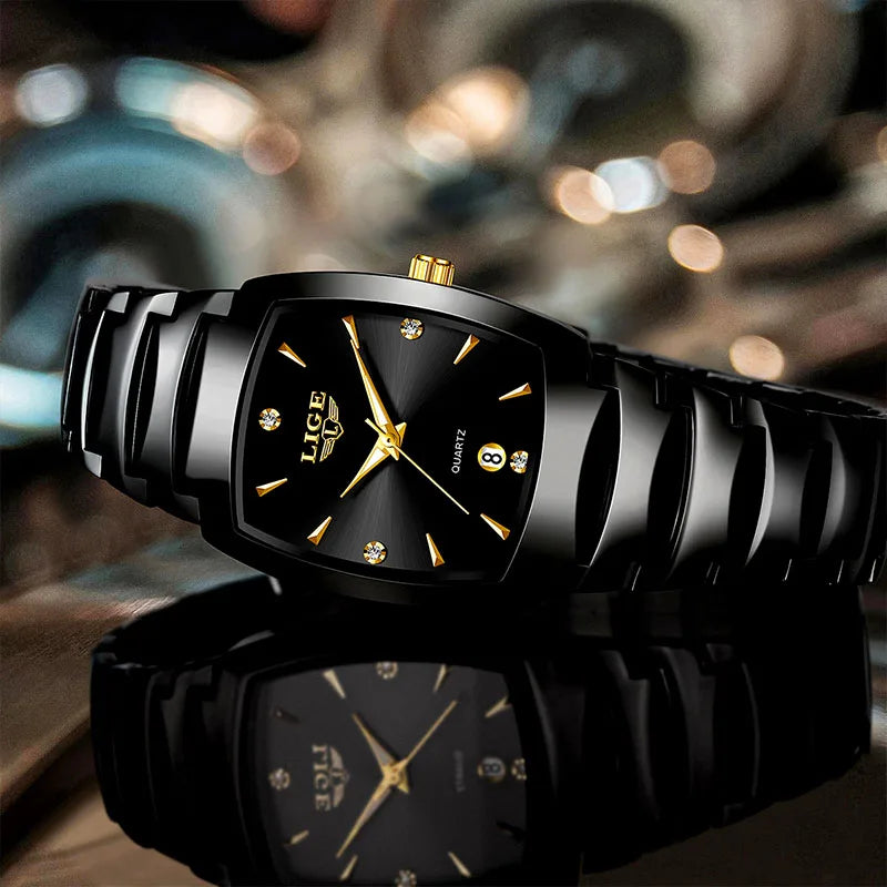 Ladies' black stainless steel quartz watch with a square face, gold hands, stone-set markers, and date display.