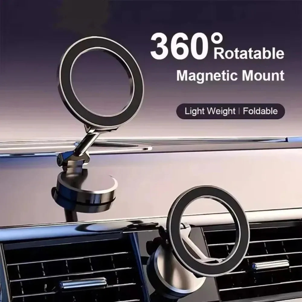 Black and silver foldable magnetic car phone mount with a 360-degree rotating head for dashboard or air vent use.