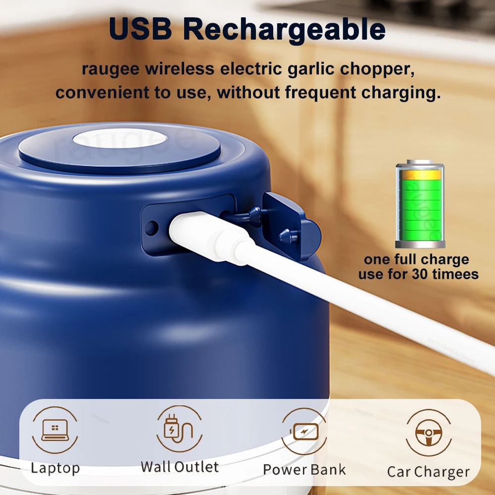Blue, wireless electric garlic chopper with a USB charging cable plugged in. Features charging icons at the bottom.