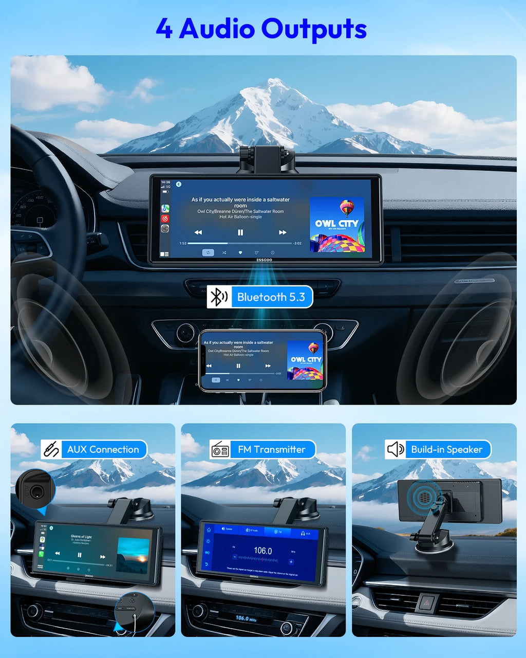 ESSGOO 10.26" black portable car stereo touchscreen mounted on a car dashboard, showing audio outputs and features.