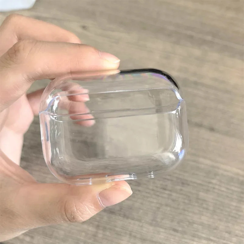 Clear, transparent protective case for AirPods Pro held in hand.