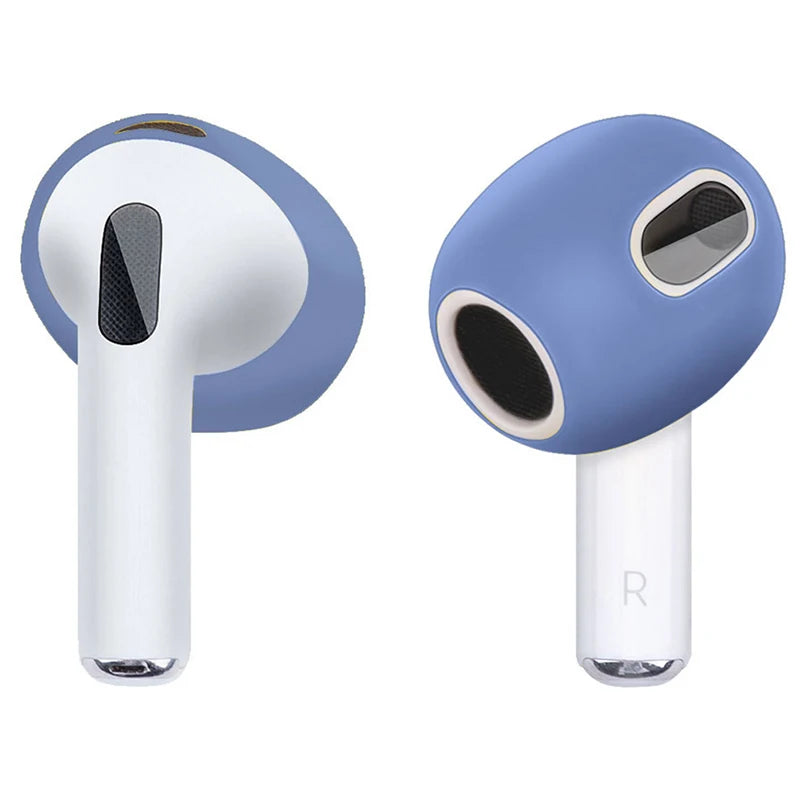 Blue silicone protective covers for Apple AirPods (3rd Gen) shown from front and side angles.