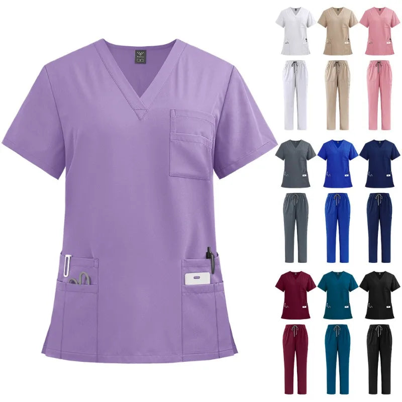 Women’s professional V-neck scrub set with multiple pockets, shown in purple and a range of other colours.