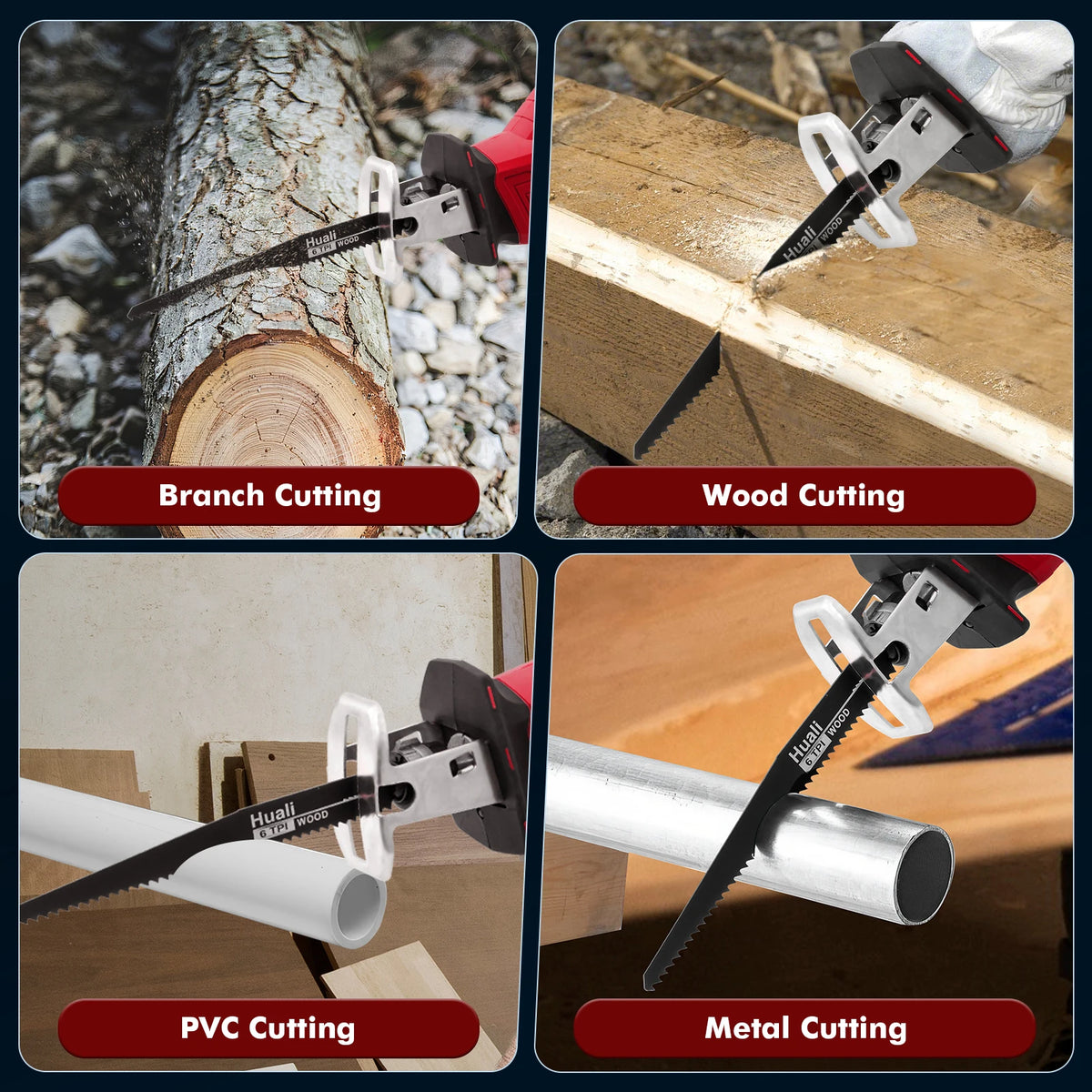 Four-panel view of a red electric reciprocating saw cutting a tree branch, wooden plank, PVC pipe, and metal tube.