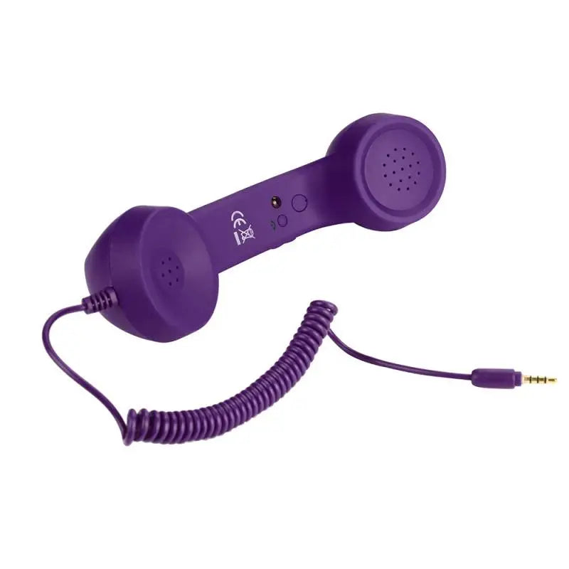 Purple retro-style telephone handset with a matching coiled cord and 3.5mm jack connector.