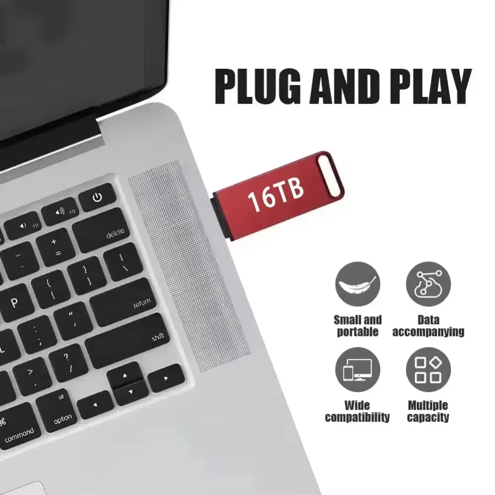 Red 16TB USB flash drive plugged into a laptop, highlighting its portable, plug-and-play, and compatible design.