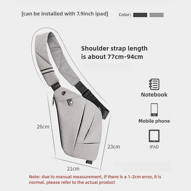 Grey waterproof anti-theft crossbody bag with adjustable shoulder strap, sized to fit a 7.9-inch tablet and essentials.