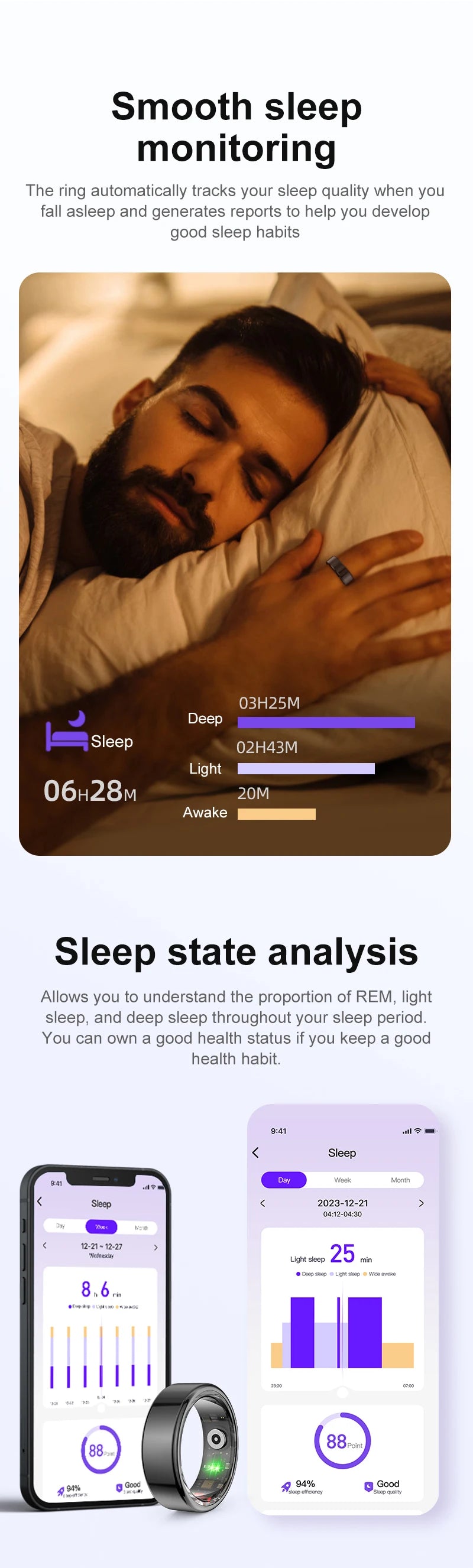 A sleek black smart health ring worn while sleeping, with a smartphone app displaying detailed sleep cycle analytics.