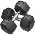 Two black rubber 12.5kg hex dumbbells with textured grips and weight labels crossing on a white background.