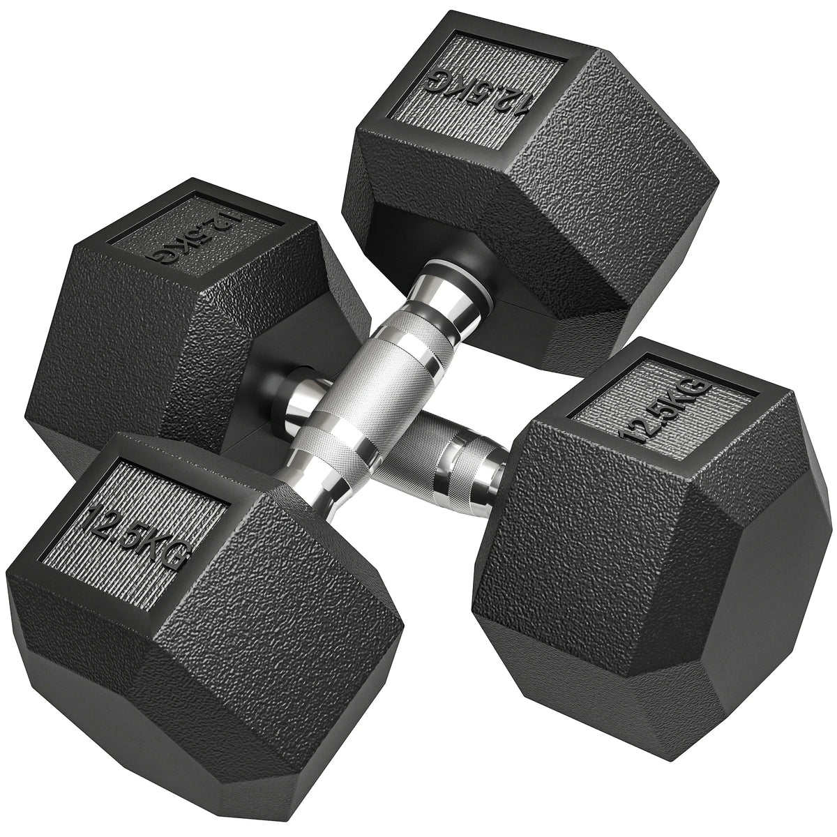 Two black rubber 12.5kg hex dumbbells with textured grips and weight labels crossing on a white background.