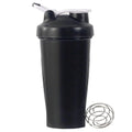 Black protein shaker bottle with a white flip-top lid and a stainless steel wire mixing ball on a white background.
