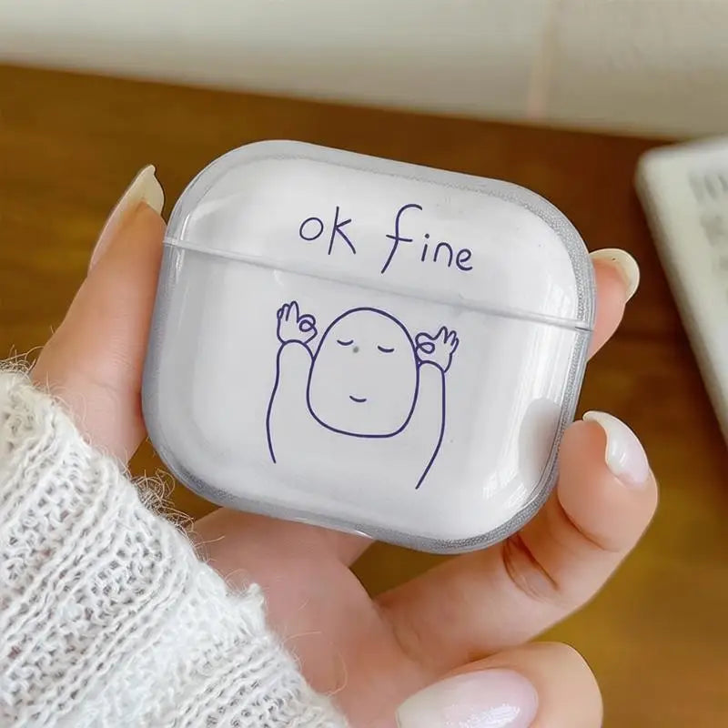 Clear silicone case for AirPods 3, featuring 'ok fine' text and a cute doodle illustration.