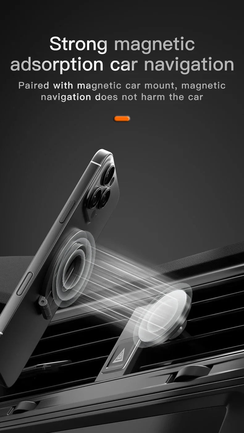 A sleek black magnetic smartphone car vent mount holding a phone, demonstrating wireless magnetic attachment.