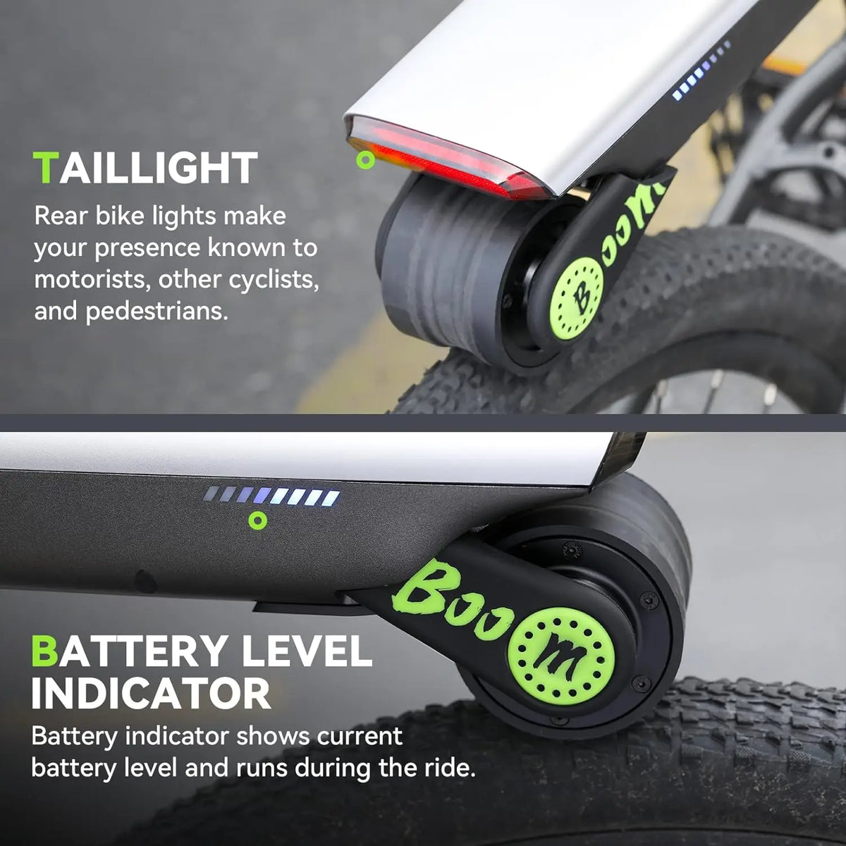 Black portable bicycle electric booster with green "Boom" branding, a red taillight, and battery indicator.