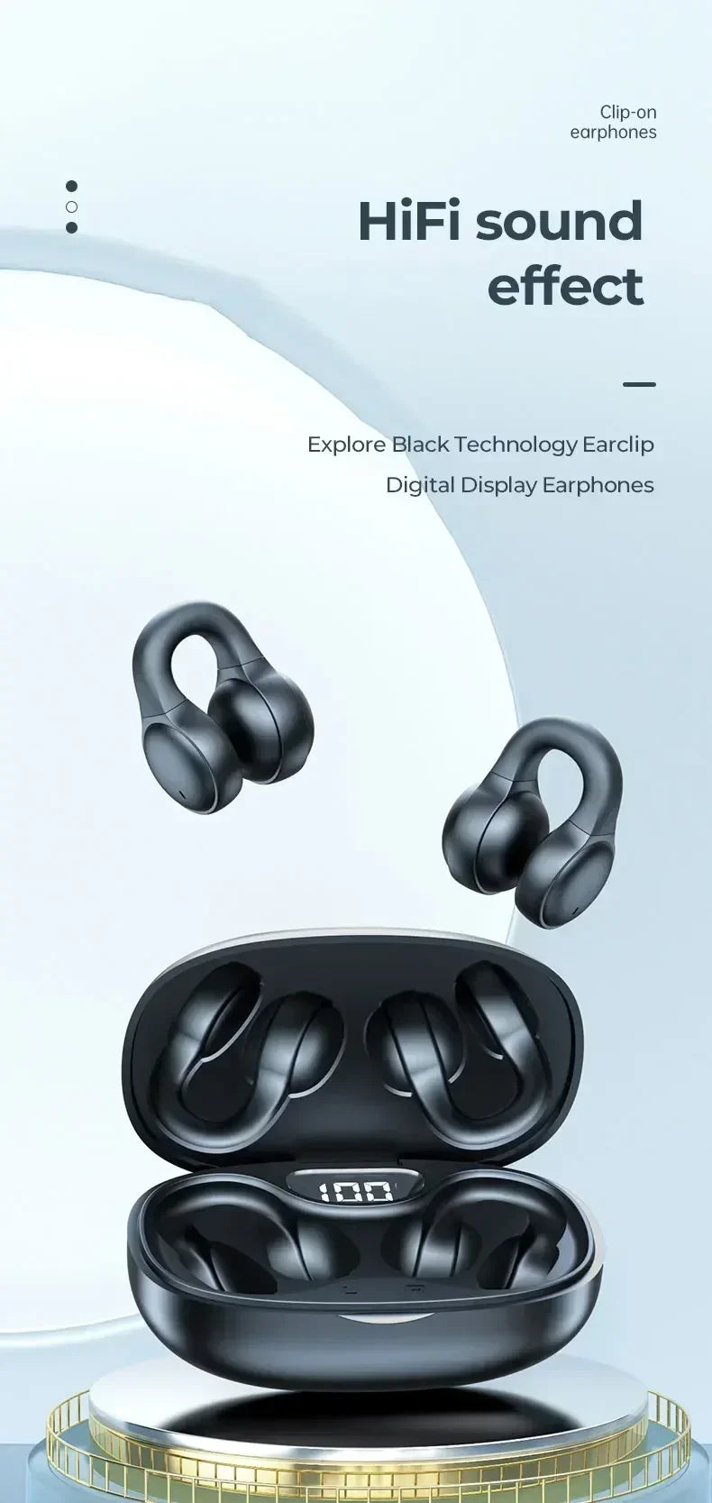 Black clip-on wireless earphones with a charging case featuring a digital battery display.
