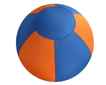 Interactive dog training ball with a durable blue and orange fabric cover in a classic segment design.