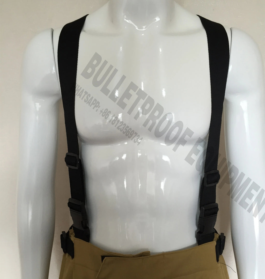 Tan tactical pants with adjustable black nylon suspenders and plastic side-release buckles on a white mannequin.