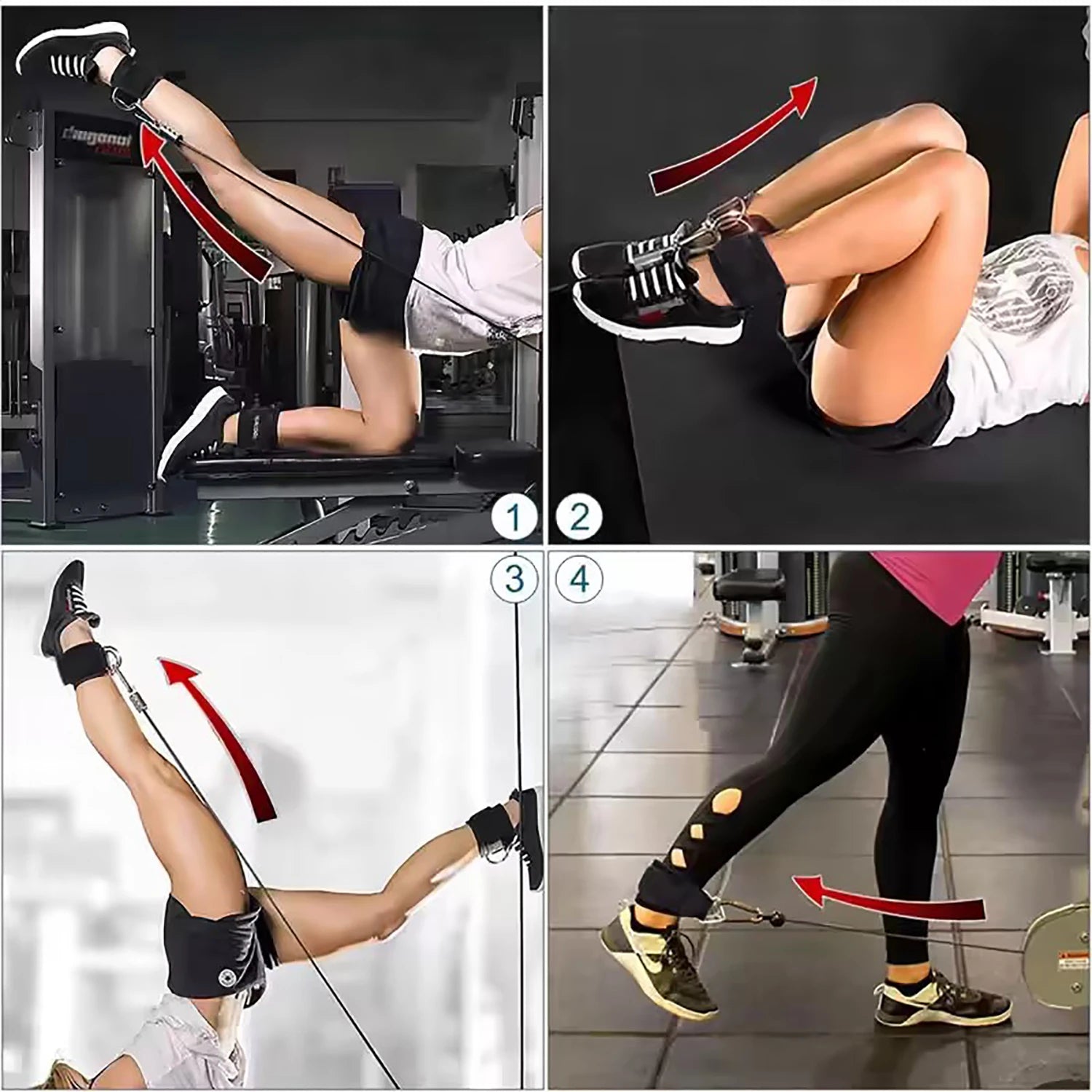 Four images showing a person using black ankle straps for cable machine leg exercises at the gym.