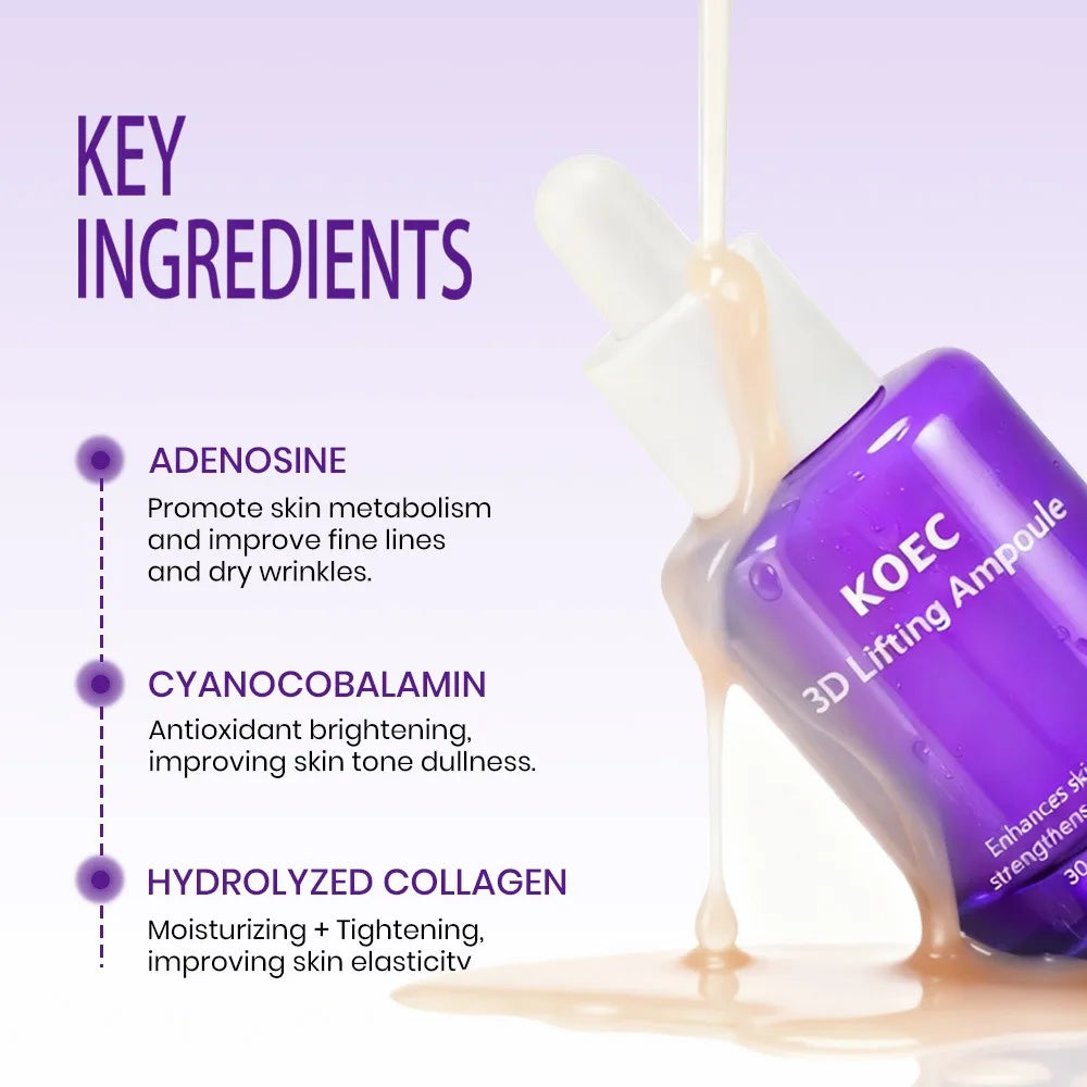 Purple glass bottle of lifting ampoule with a white dropper, featuring key skin-firming ingredients list.