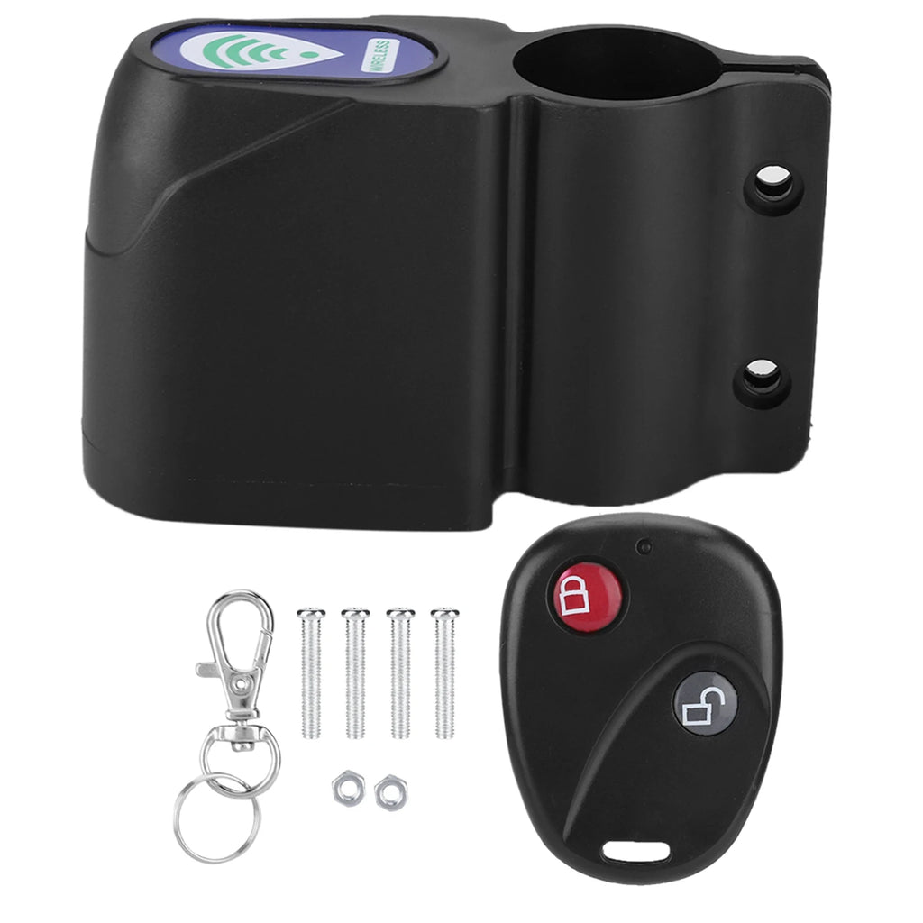 Black plastic wireless bike lock with remote control, mounting bracket, screws, and keychain.