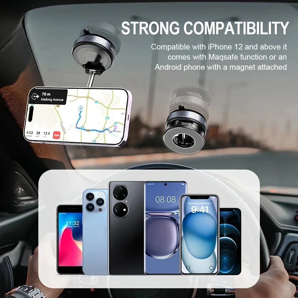 Black magnetic car phone mount with adjustable arm, shown attached to a windshield with a smartphone displaying GPS.