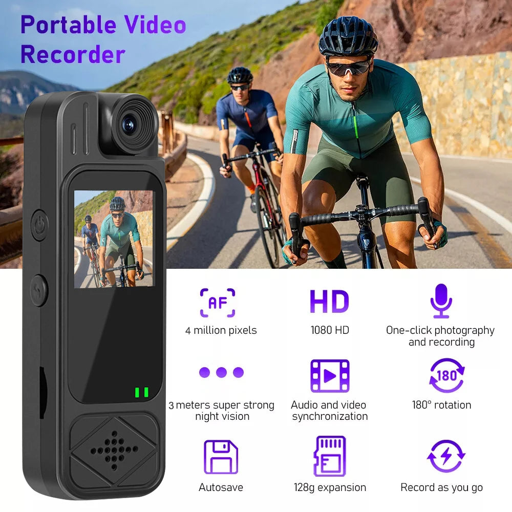 Black portable plastic video recorder with 1080p screen, 180-degree rotating lens, and night vision capabilities.