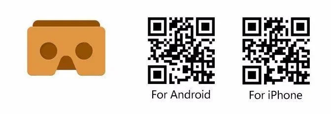 Tan cardboard VR headset icon next to two QR codes labeled for Android and iPhone.