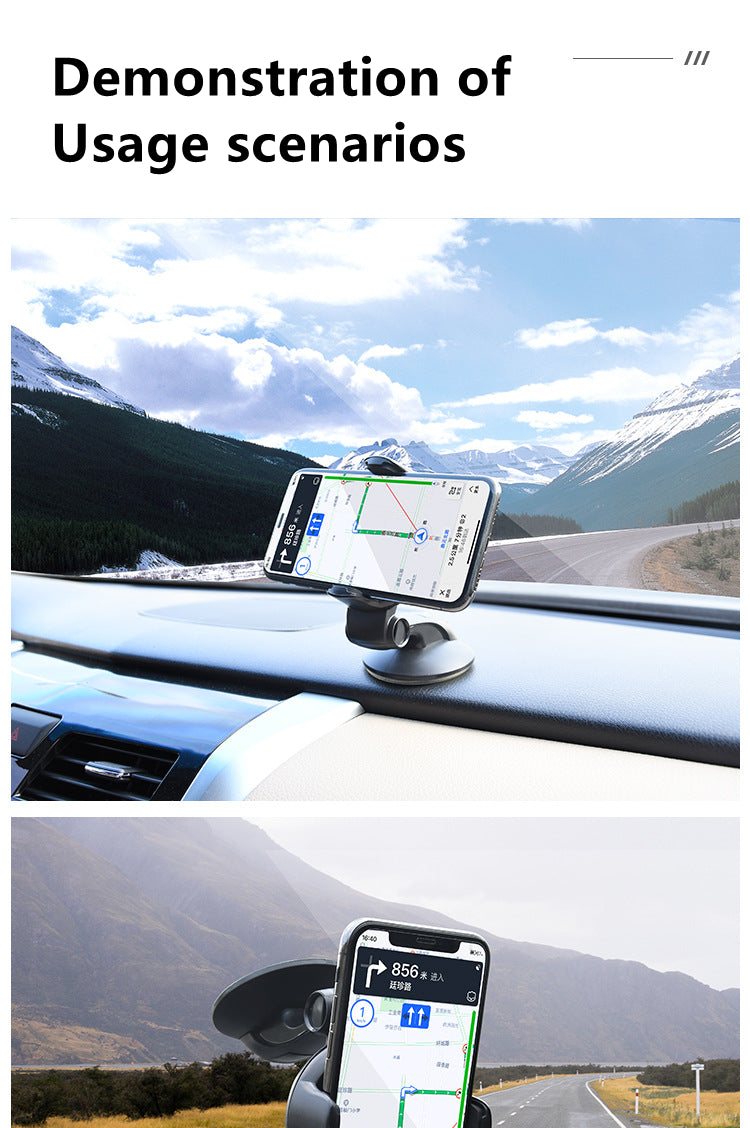 Black adjustable car phone mount on a dashboard holding a smartphone in landscape and portrait modes for navigation.