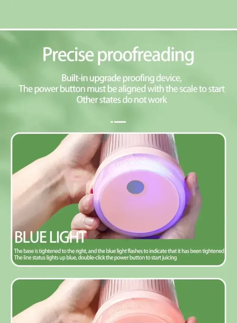 Pink portable blender base with a blue indicator light, held by hands against a light green background.
