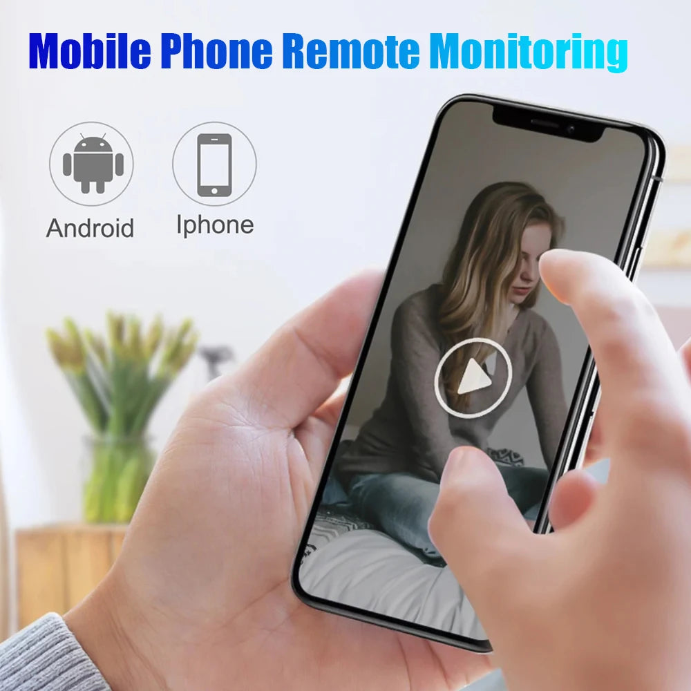 Hand holding a black smartphone displaying a video feed. Icons indicate Android and iPhone compatibility.