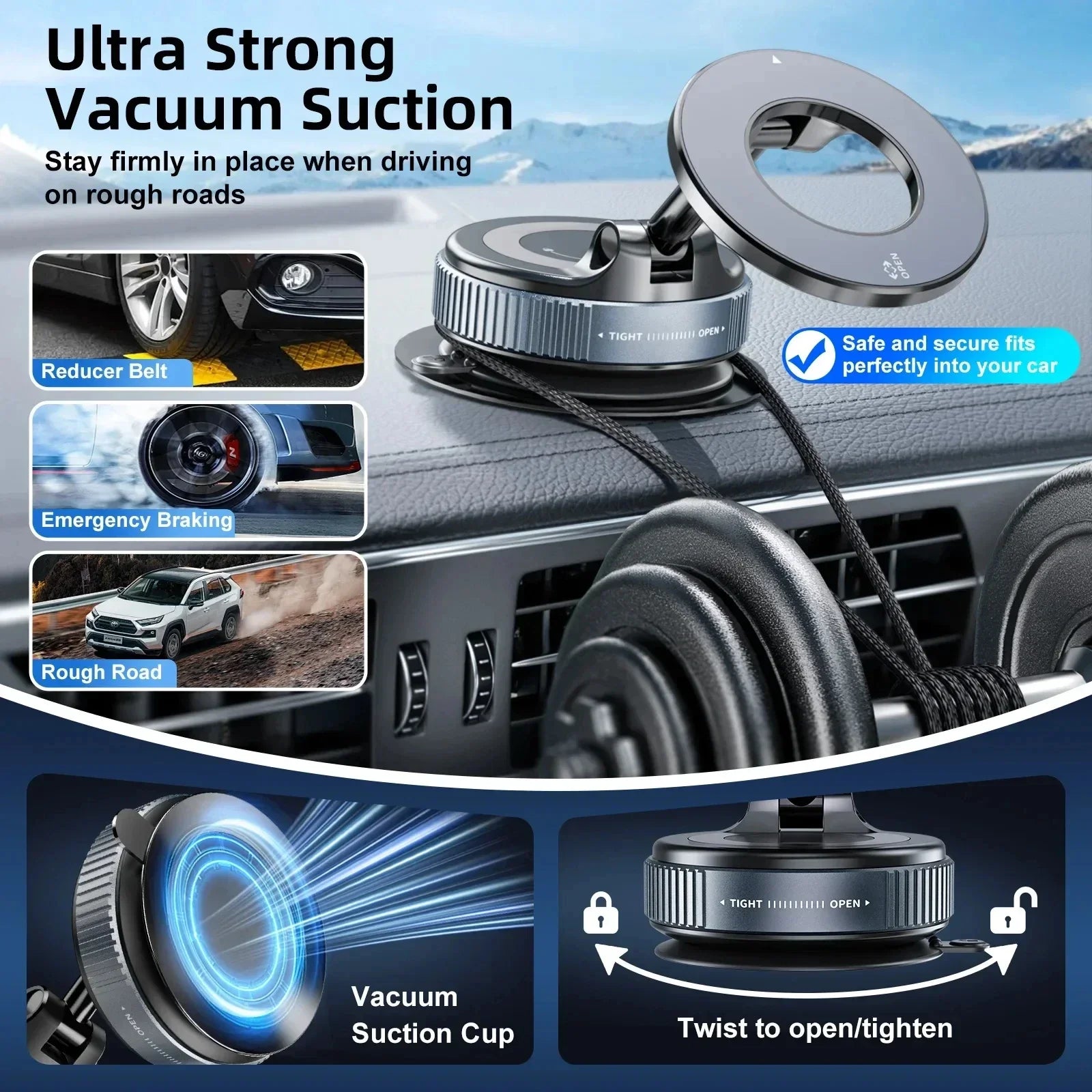 Dark grey car phone mount with adjustable vacuum suction base, magnetic ring holder, and twist-to-tighten mechanism.