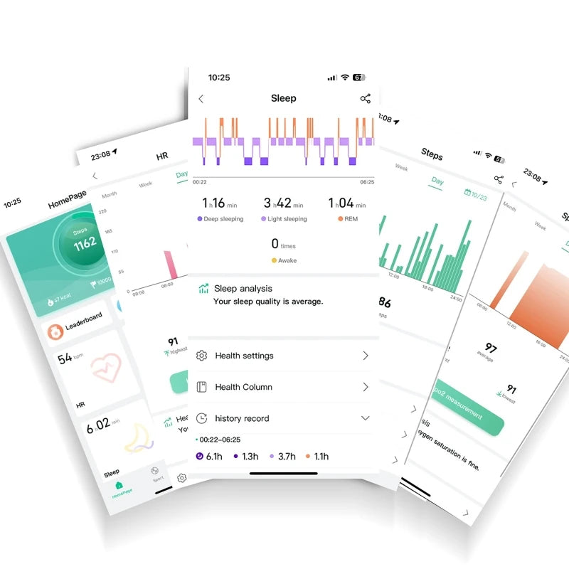 Smart health ring app interface showing sleep tracking data, heart rate, daily step counts, and oxygen levels.